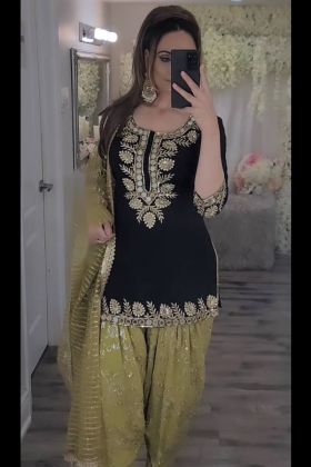 Dark Yellow Faux Georgette Mirror Work Readymade Dress