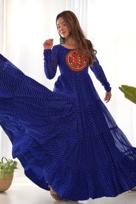Dark Blue Soft Fox Georgette Anarkali Gown with Leheriya Print for Navratri