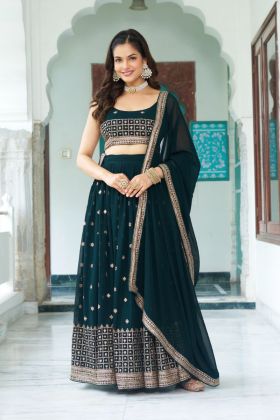 Fox in Dark Green Sequence Embroidered Georgette Lehenga Choli Dupatta Set
