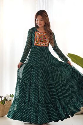 Soft Fox Georgette Dark Green Anarkali Gown with Leheriya Print for Navratri