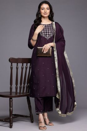 Elegant Silk Blend with Dark Wine Set of Kurta pants with embroidery 