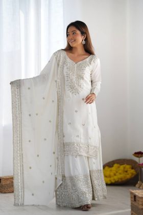 Pure Chinnon Silk Designer Sharara Kurta Dupatta Set