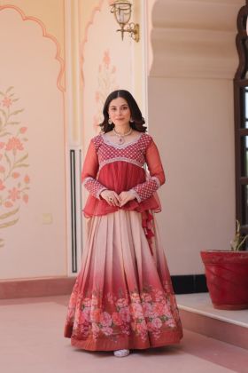 Elegant Cosmos Floral Lehenga with Peplum Top of Beaded Chiffon