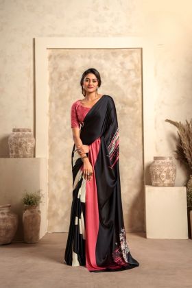 A sophisticated soft satin saree featuring eye-catching digital prints