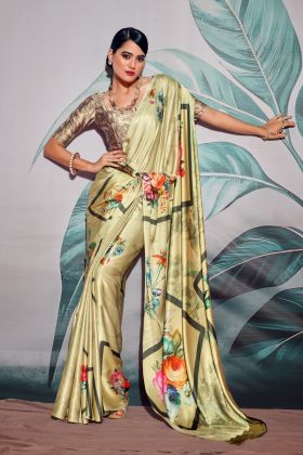 A sophisticated soft satin saree featuring a vibrant digital print
