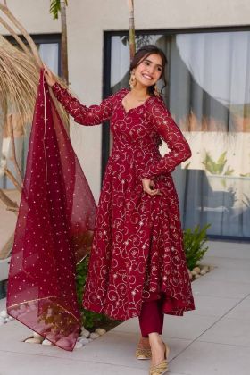 Anarkali Gown Set with Dupatta and Pants Embroidered