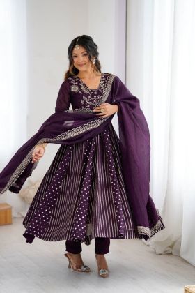 Crunchy Silk Anarkali Gown Set with Dupatta and Pants Embroidered