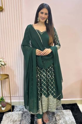 Faux Georgette Embroidery Work Dark Green color Anarkali Suit