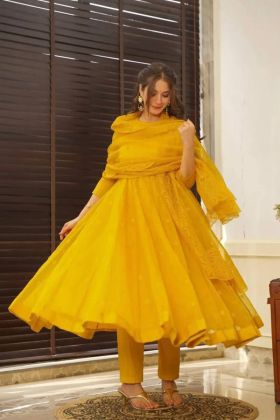 Faux Georgette Yellow Color Festival Wear Top Bottom Suit Set