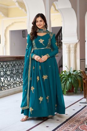 Anarkali Suit Set in Faux Georgette with Dupatta and Pants