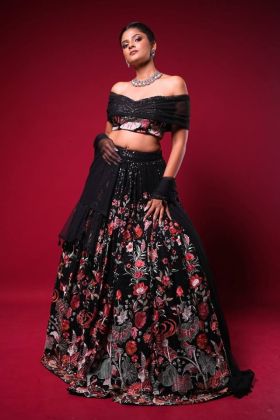 A set of faux georgette lehengas with sequin embroidery