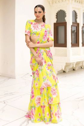 Digitally printed faux georgette lehenga saree with ruffled pallu 