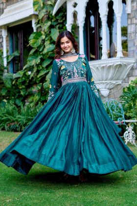 Fendy Silk Gown Set with Extensive Threadwork and Sequins