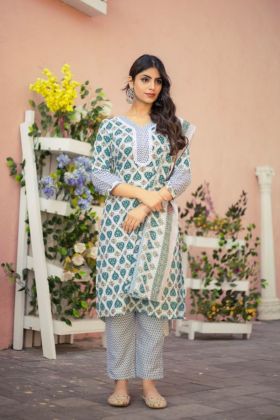 Firozi Stylish Printed Cotton Kurta Pant Dupatta Set