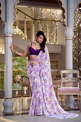 Moonga Silk Blouse with Lavender Floral Printed Marble Look Saree