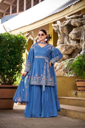 Georgette Kurta Sharara Set with Embroidery & Flowy Dupatta