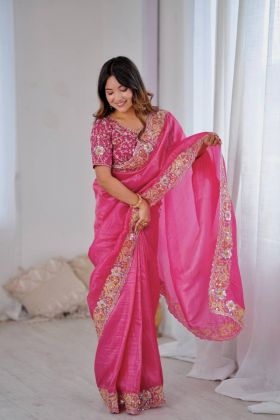 Gold Crush Silk Saree Detailed with Sequins and Embroidery