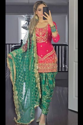 Green Embroidery Work Punjabi Dhoti Salwar Suit