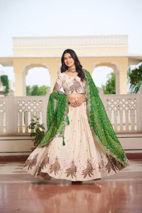 Bandhej Dupatta and Green Special Tissue Silk Lehenga Choli Set for Navratri