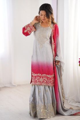 Sharara Kurta Set in Grey-Pink Chinon Silk with Rivet Moti
