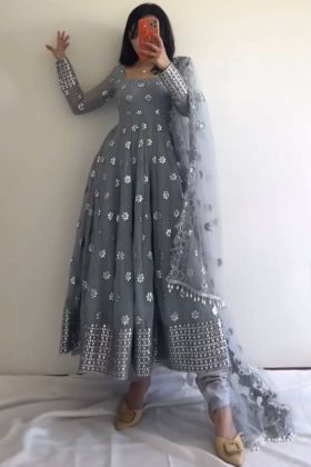 Grey Sequence Work Anarkali Style Long Gown