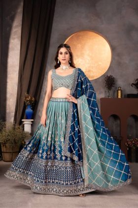 Blue and Grey Faux Embroidered Georgette Lehenga Set