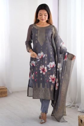 Grey Chanderi Silk Kurti Set with Dupatta Digital Print Work 