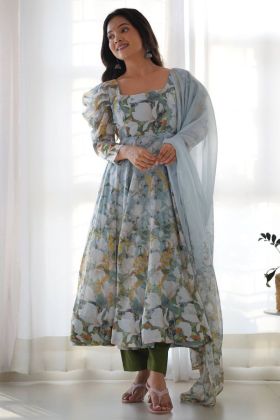 Anarkali Gown Set in Grey Organza Silk with Floral Print