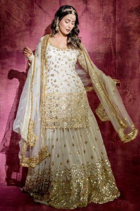 Hina Khan Style White Embroidered Lehenga With Top