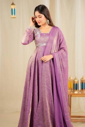 Lavender Heavy Goldcrush Silk Gown With Embroidery.