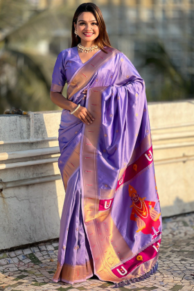 Lavender Soft Silk sarees with floral motifs weaves