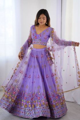 Elegant Lavender Soft Net Lehenga Set with Thread Sequence and Semi-Stitching 