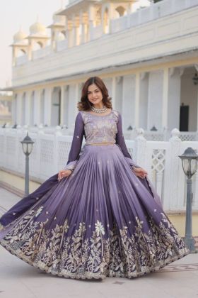Lavender Pure Peding Chinon Lehenga Choli Dupatta Set