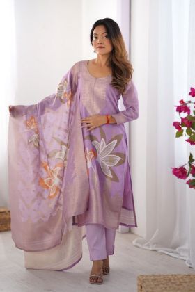 Chic Chanderi Silk Kurti Dupatta Pant Set in Lavender