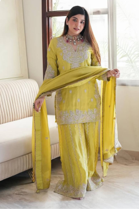 Lemon Yellow Heavy Chinon Silk Sharara Suit Set