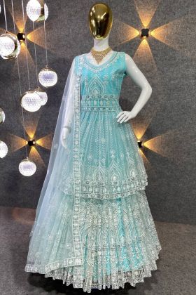 Light Blue Embroidery Work Top With Lehenga