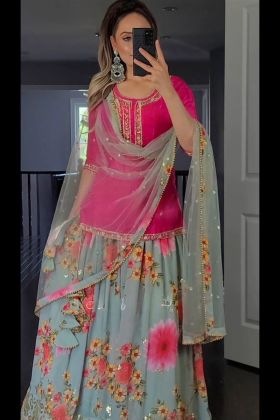 Light Blue Heavy Silk Digital Printed Lehenga With Top