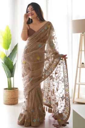 Light Brown Multi Thread Embroidery Work Saree