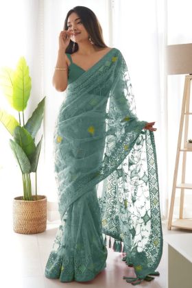 Light Green Aari Embroidery Work Net Saree