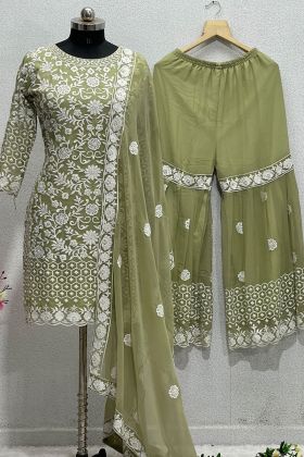 Light Green Faux Georgette Sharara Style Salwar Suit