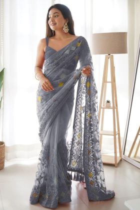 Light Grey Butterfly Net Stone Work Saree