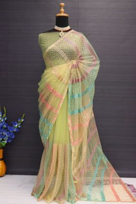 Light Lemon Green Butterfly Net Embroidered Saree