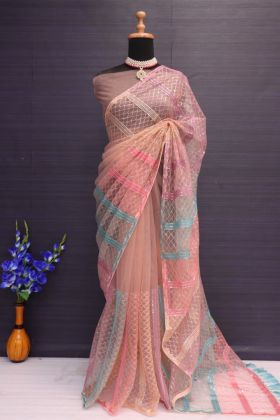 Light Peach Sequence Work Butterfly Net Saree