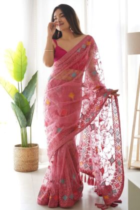 Light Pink Butterfly Net Multi Thread Work Saree