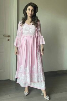 Light Pink Chain Stitch Work Anarkali Style Salwar Suit