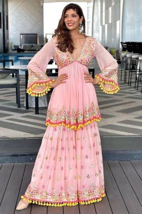 Light Pink Embroidery Work Sharara Style Salwar Suit