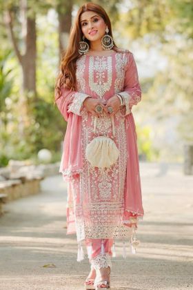 Light Pink Faux Georgette Mirror Work Salwar Suit