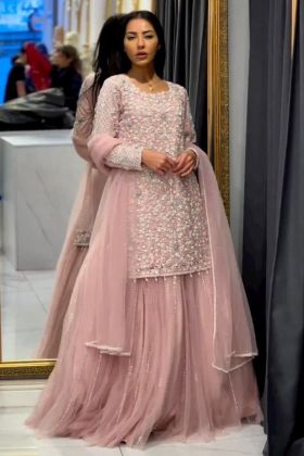 Light Pink Sequence Work Top With Plain Lehenga