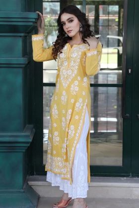 Light Yellow Chain Stitch Work Casual Wear Salwar Suit