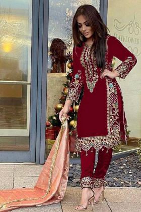 Maroon Embroidery Work Viscose Velvet Straight Suit